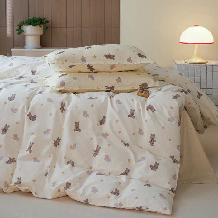 91家纺网 家纺一手货源 找家纺 布可家纺 2025新款水洗棉印花四件套系列 兔兔星愿