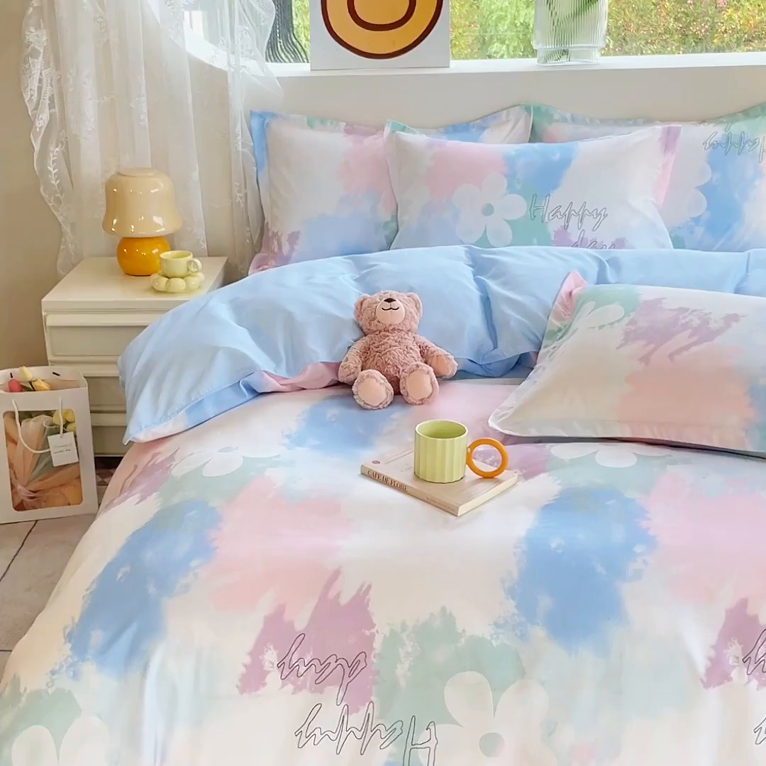 91家纺网 家纺一手货源 找家纺 布可家纺 2025新款水洗棉印花四件套系列 晕染马卡龙