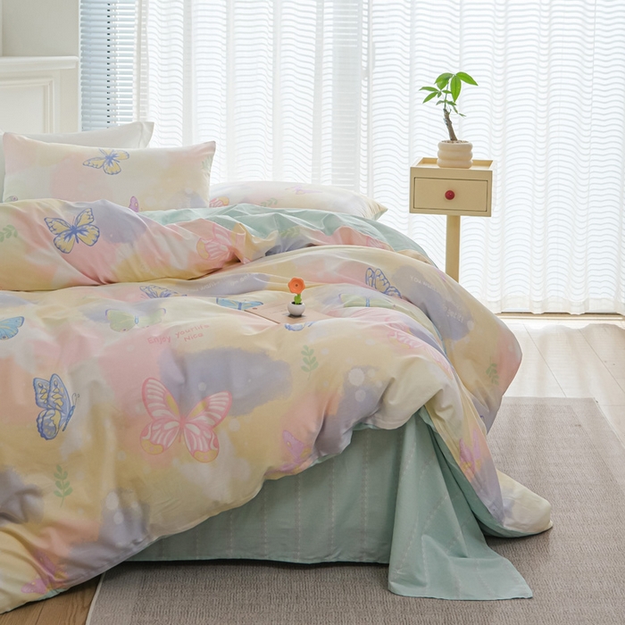 91家纺网 家纺一手货源 找家纺 布可家纺 2025新款水洗棉印花四件套系列 晕染梦幻蝴蝶