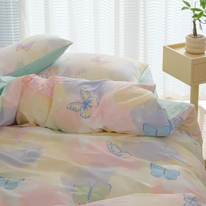 91家纺网 家纺一手货源 找家纺 布可家纺 2025新款水洗棉印花四件套系列 晕染梦幻蝴蝶