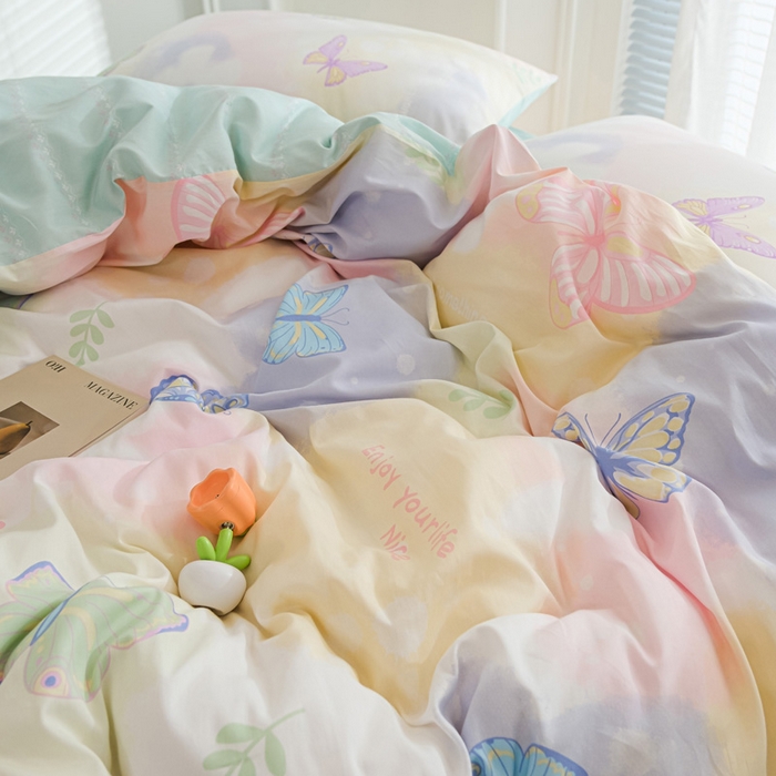 91家纺网 家纺一手货源 找家纺 布可家纺 2025新款水洗棉印花四件套系列 晕染梦幻蝴蝶