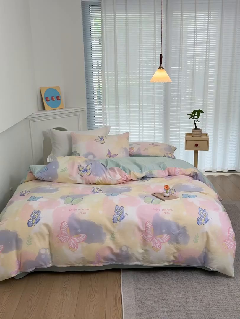 91家纺网 家纺一手货源 找家纺 布可家纺 2025新款水洗棉印花四件套系列 晕染梦幻蝴蝶