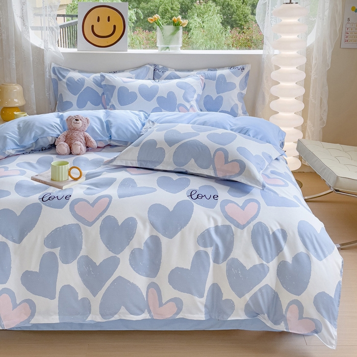 91家纺网 家纺一手货源 找家纺 布可家纺 2025新款水洗棉印花四件套系列 撞色爱心