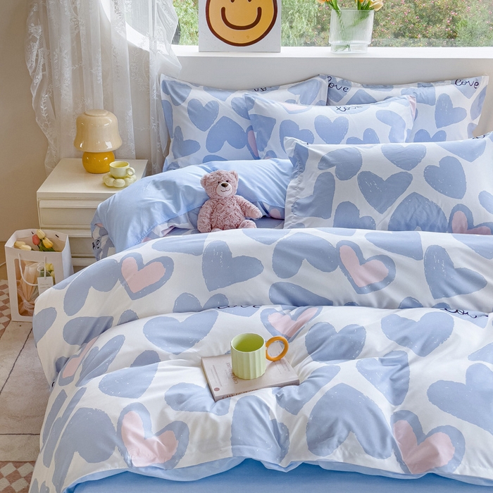 91家纺网 家纺一手货源 找家纺 布可家纺 2025新款水洗棉印花四件套系列 撞色爱心