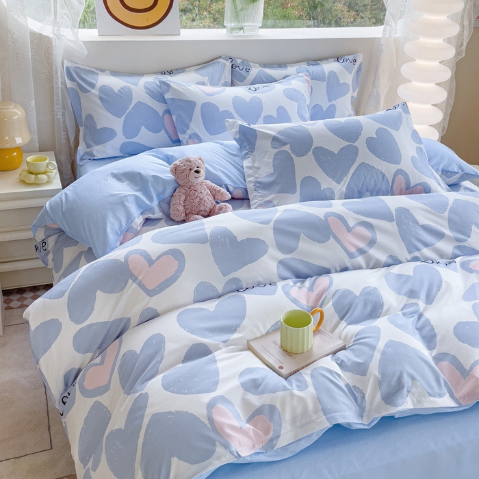 91家纺网 家纺一手货源 找家纺 布可家纺 2025新款水洗棉印花四件套系列 撞色爱心