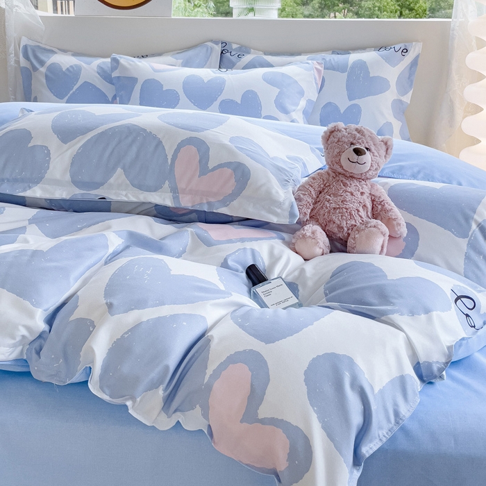 91家纺网 家纺一手货源 找家纺 布可家纺 2025新款水洗棉印花四件套系列 撞色爱心