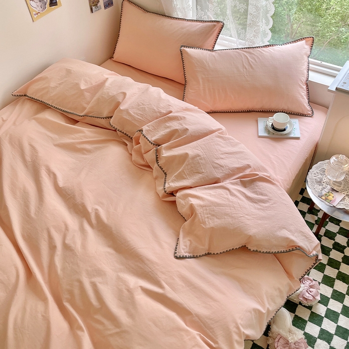 91家纺网 家纺一手货源 找家纺 瑞莱 2025新款全棉轻奢水洗棉贝壳绣四件套 粉玉