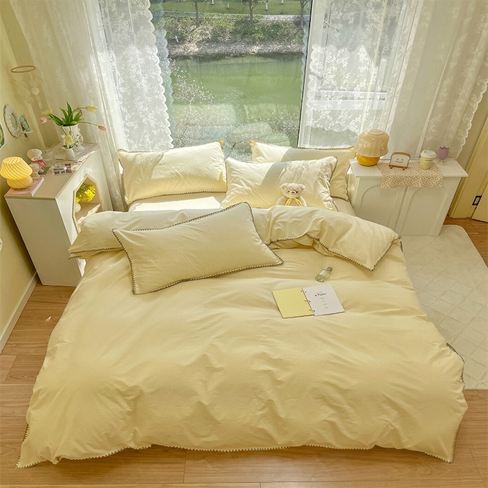 91家纺网 家纺一手货源 找家纺 瑞莱 2025新款全棉轻奢水洗棉贝壳绣四件套 米黄