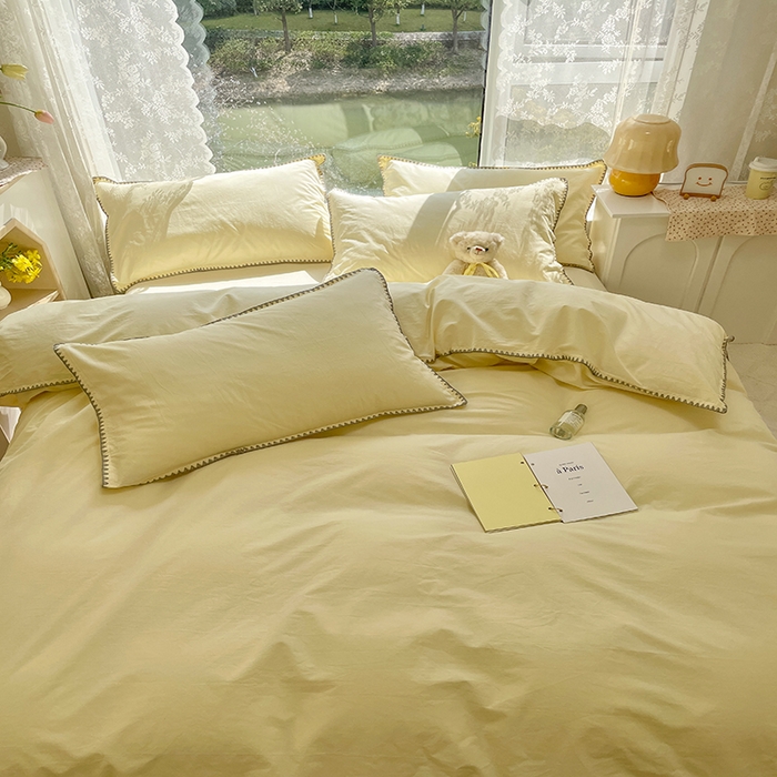 91家纺网 家纺一手货源 找家纺 瑞莱 2025新款全棉轻奢水洗棉贝壳绣四件套 米黄