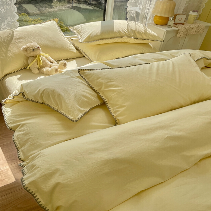 91家纺网 家纺一手货源 找家纺 瑞莱 2025新款全棉轻奢水洗棉贝壳绣四件套 米黄