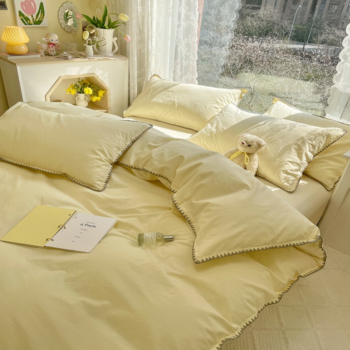 91家纺网 家纺一手货源 找家纺 瑞莱 2025新款全棉轻奢水洗棉贝壳绣四件套 米黄