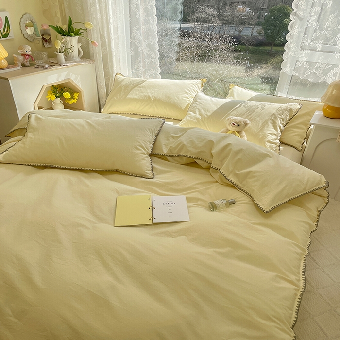 91家纺网 家纺一手货源 找家纺 瑞莱 2025新款全棉轻奢水洗棉贝壳绣四件套 米黄