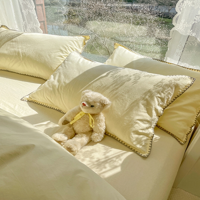 91家纺网 家纺一手货源 找家纺 瑞莱 2025新款全棉轻奢水洗棉贝壳绣四件套 米黄