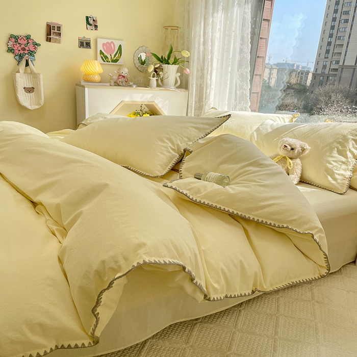 91家纺网 家纺一手货源 找家纺 瑞莱 2025新款全棉轻奢水洗棉贝壳绣四件套 米黄