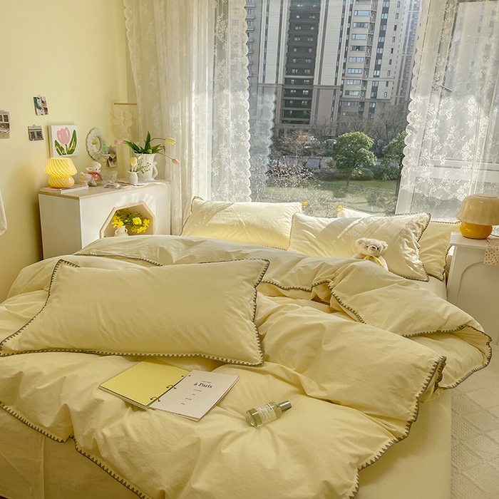 91家纺网 家纺一手货源 找家纺 瑞莱 2025新款全棉轻奢水洗棉贝壳绣四件套 米黄