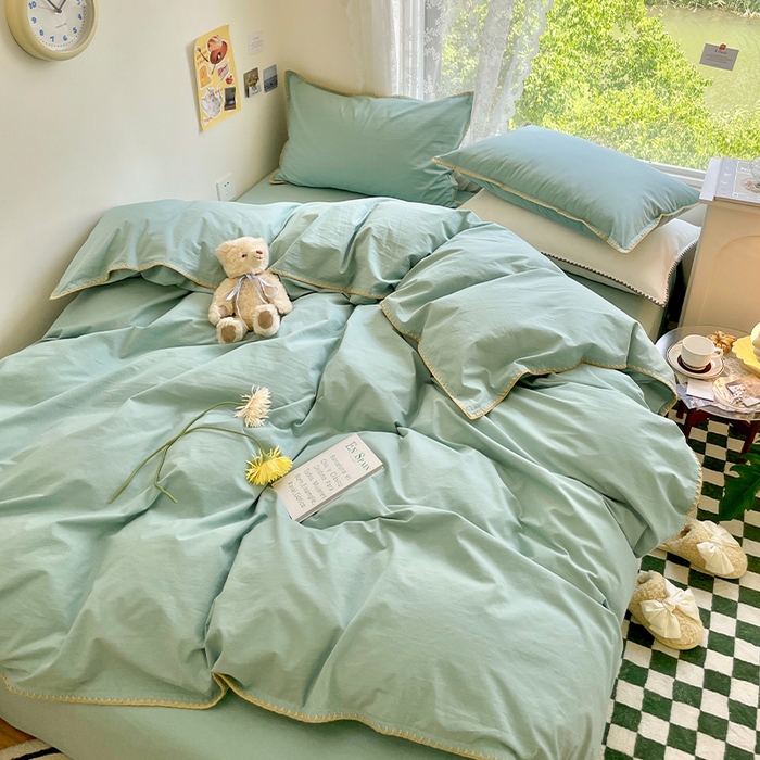 91家纺网 家纺一手货源 找家纺 瑞莱 2025新款全棉轻奢水洗棉贝壳绣四件套 水绿