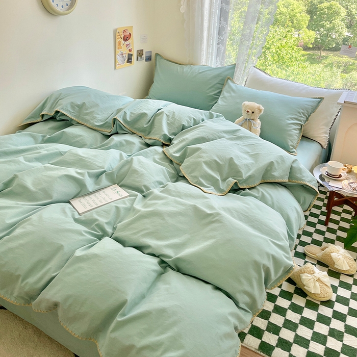 91家纺网 家纺一手货源 找家纺 瑞莱 2025新款全棉轻奢水洗棉贝壳绣四件套 水绿