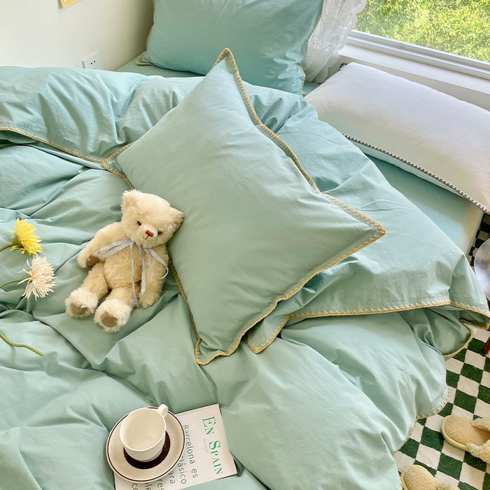 91家纺网 家纺一手货源 找家纺 瑞莱 2025新款全棉轻奢水洗棉贝壳绣四件套 水绿