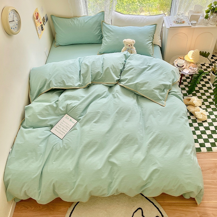 91家纺网 家纺一手货源 找家纺 瑞莱 2025新款全棉轻奢水洗棉贝壳绣四件套 水绿