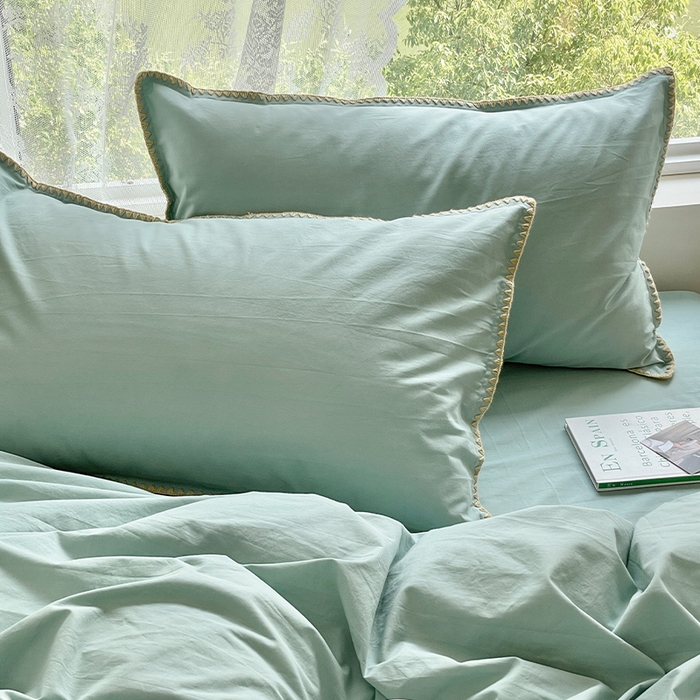 91家纺网 家纺一手货源 找家纺 瑞莱 2025新款全棉轻奢水洗棉贝壳绣四件套 水绿