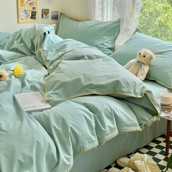 91家纺网 家纺一手货源 找家纺 瑞莱 2025新款全棉轻奢水洗棉贝壳绣四件套 水绿