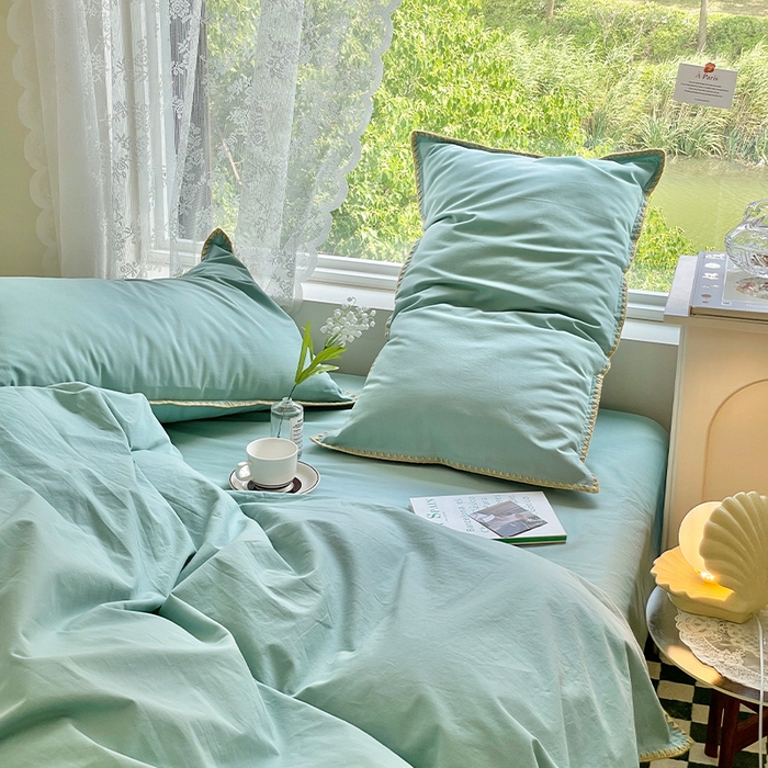 91家纺网 家纺一手货源 找家纺 瑞莱 2025新款全棉轻奢水洗棉贝壳绣四件套 水绿