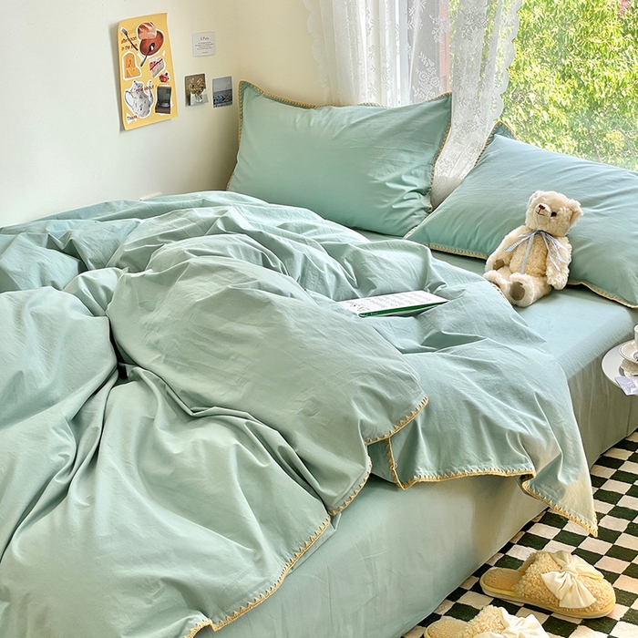 91家纺网 家纺一手货源 找家纺 瑞莱 2025新款全棉轻奢水洗棉贝壳绣四件套 水绿