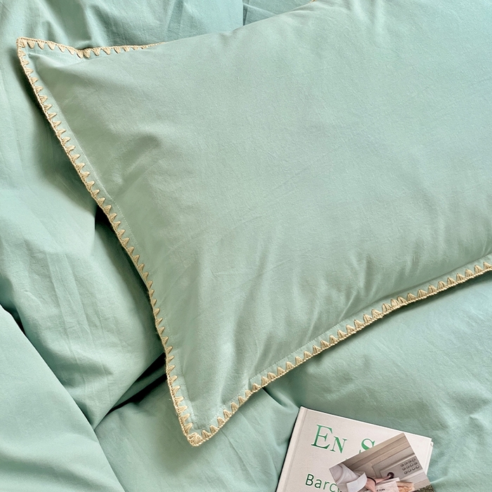 91家纺网 家纺一手货源 找家纺 瑞莱 2025新款全棉轻奢水洗棉贝壳绣四件套 水绿