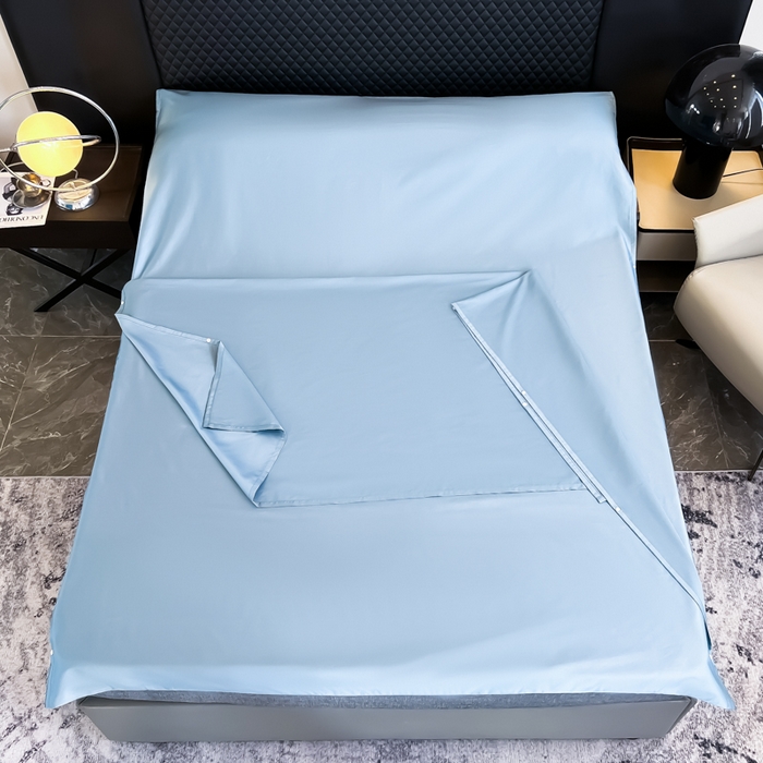 91家纺网 家纺一手货源 找家纺 柒星睡袋 2025新款60贡缎全棉纯色隔脏睡袋 水晶蓝