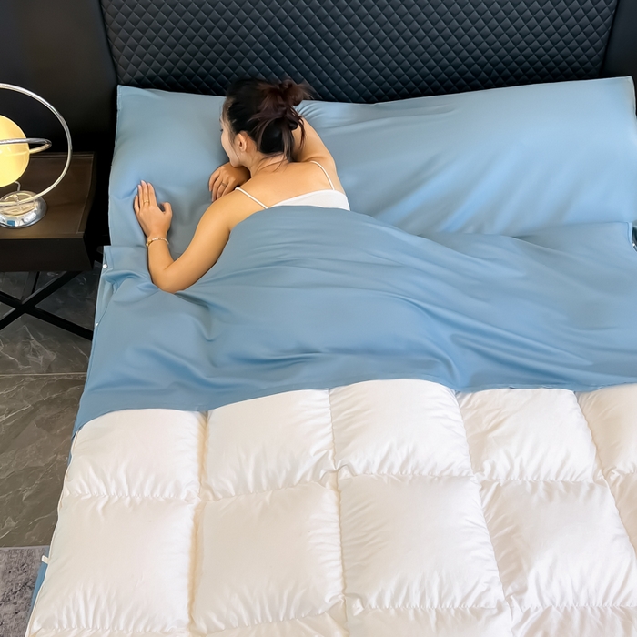 91家纺网 家纺一手货源 找家纺 柒星睡袋 2025新款60贡缎全棉纯色隔脏睡袋 水晶蓝