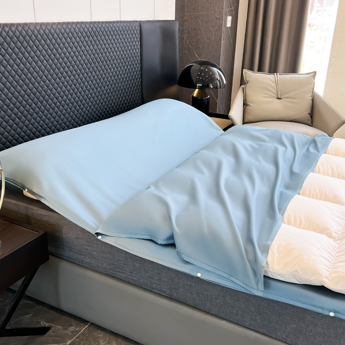 91家纺网 家纺一手货源 找家纺 柒星睡袋 2025新款60贡缎全棉纯色隔脏睡袋 水晶蓝