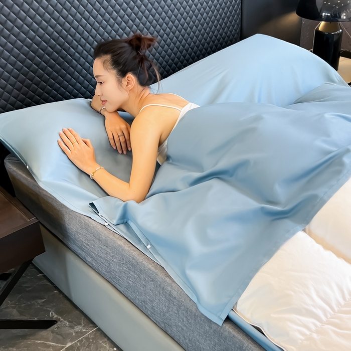 91家纺网 家纺一手货源 找家纺 柒星睡袋 2025新款60贡缎全棉纯色隔脏睡袋 水晶蓝