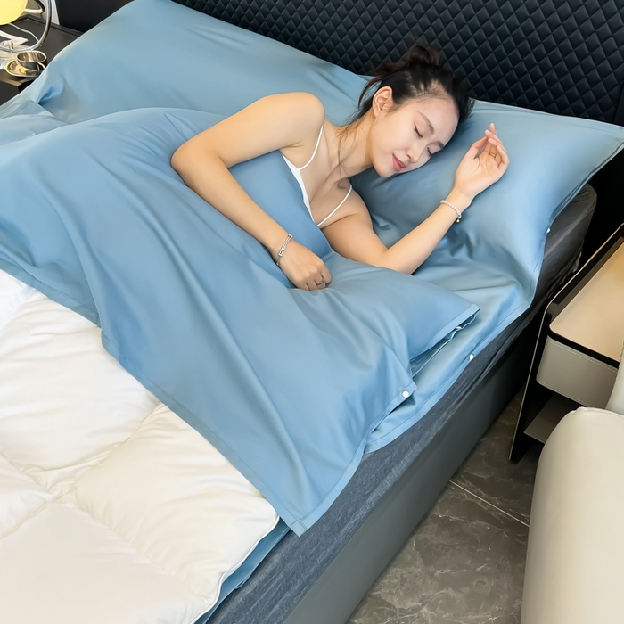 91家纺网 家纺一手货源 找家纺 柒星睡袋 2025新款60贡缎全棉纯色隔脏睡袋 水晶蓝