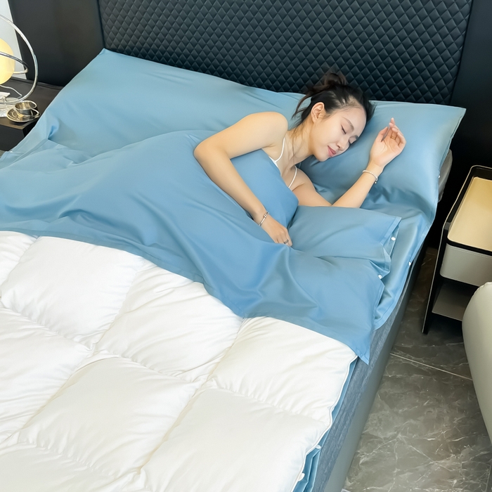 91家纺网 家纺一手货源 找家纺 柒星睡袋 2025新款60贡缎全棉纯色隔脏睡袋 水晶蓝