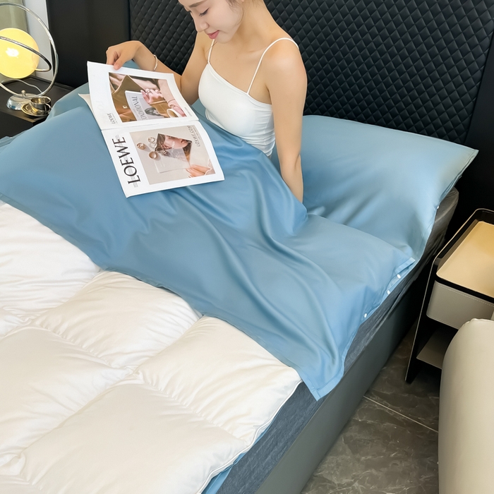 91家纺网 家纺一手货源 找家纺 柒星睡袋 2025新款60贡缎全棉纯色隔脏睡袋 水晶蓝