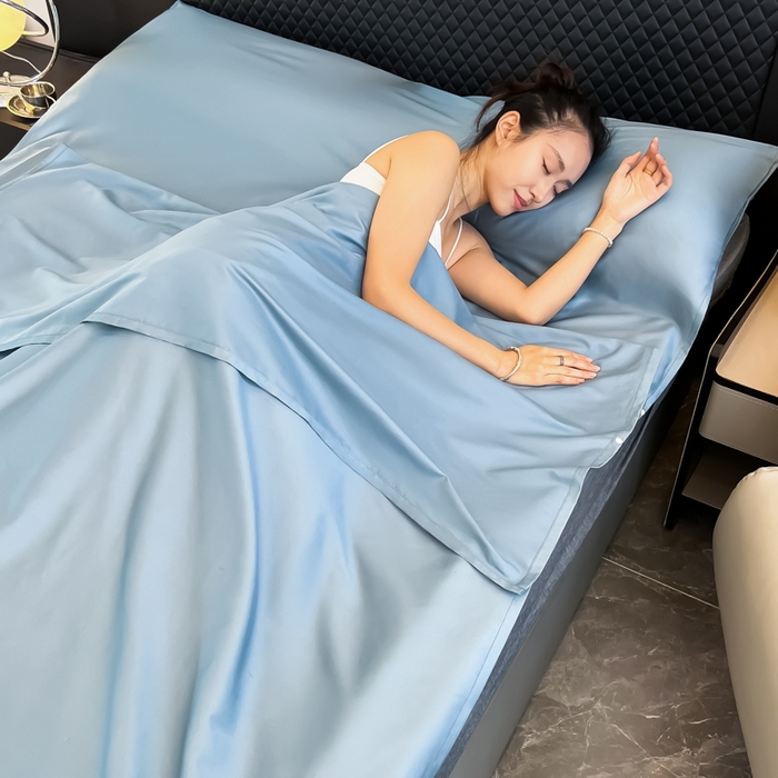 91家纺网 家纺一手货源 找家纺 柒星睡袋 2025新款60贡缎全棉纯色隔脏睡袋 水晶蓝