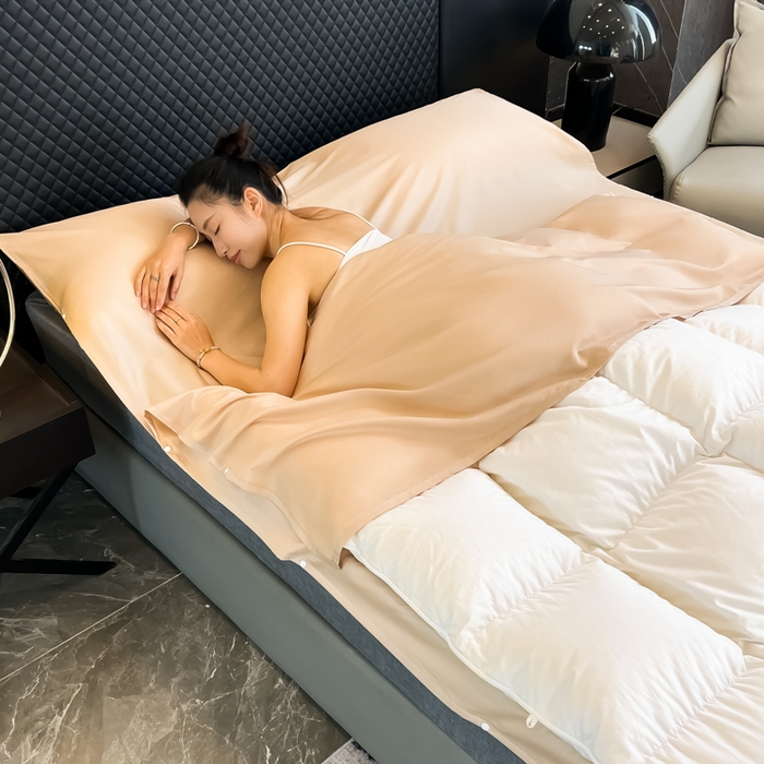 91家纺网 家纺一手货源 找家纺 柒星睡袋 2025新款60贡缎全棉纯色隔脏睡袋 香槟金