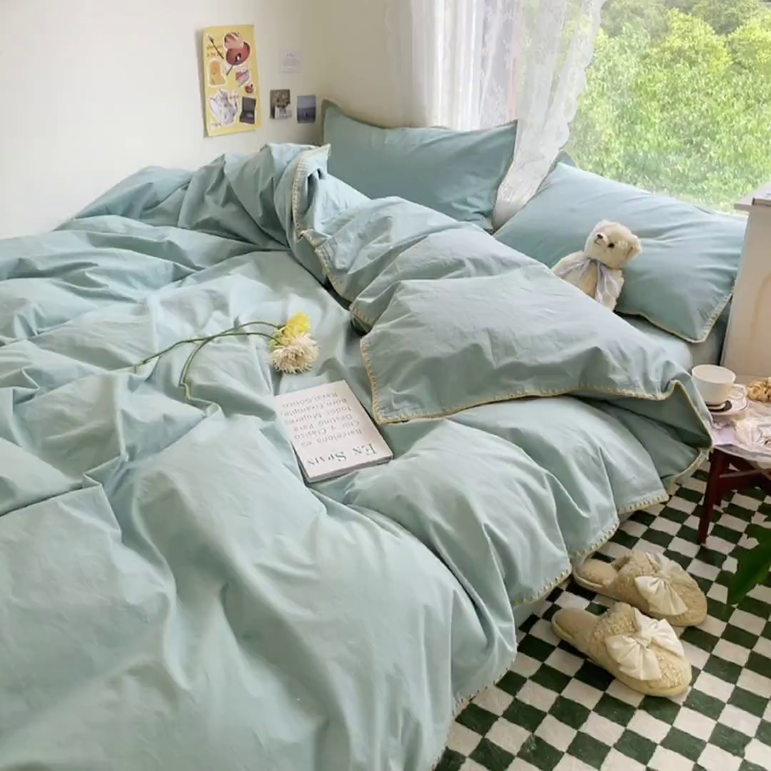 91家纺网 家纺一手货源 找家纺 瑞莱 2025新款全棉轻奢水洗棉贝壳绣四件套 水绿