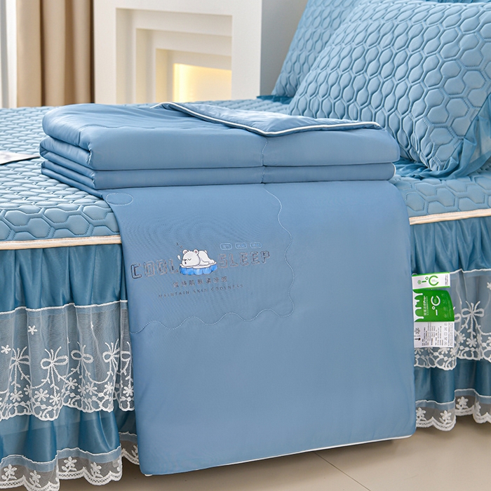 91家纺网 家纺一手货源 找家纺 畅畅家纺 2025新款夏季凉感丝唯美纯色凉席夏被夏凉被空调被四件套 唯美-海天蓝