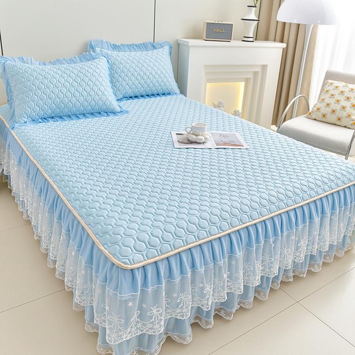 91家纺网 家纺一手货源 找家纺 畅畅家纺 2025新款夏季凉感丝唯美纯色凉席夏被夏凉被空调被四件套 唯美-天蓝