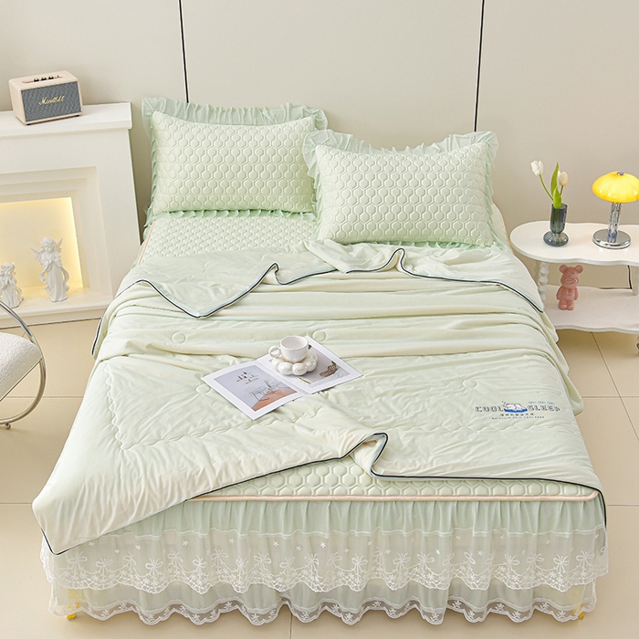 91家纺网 家纺一手货源 找家纺 畅畅家纺 2025新款夏季凉感丝唯美纯色凉席夏被夏凉被空调被四件套 唯美-青柠绿