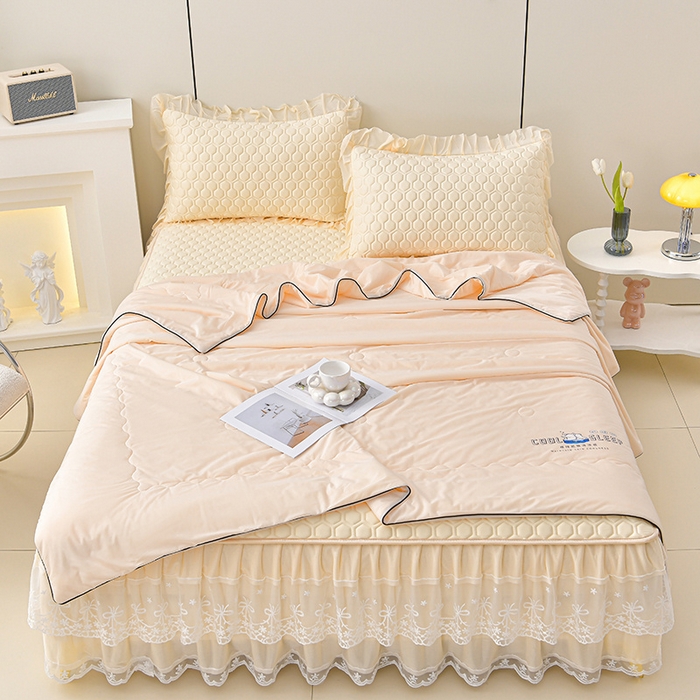 91家纺网 家纺一手货源 找家纺 畅畅家纺 2025新款夏季凉感丝唯美纯色凉席夏被夏凉被空调被四件套 唯美-淡奶黄