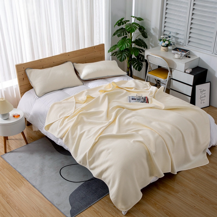 91家纺网 家纺一手货源 找家纺 来菲毛毯 2025新款双面夏凉被子PE速冷凉感夏被夏凉被空调被可机洗水洗 米白色