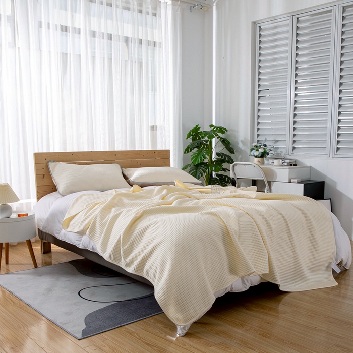 91家纺网 家纺一手货源 找家纺 来菲毛毯 2025新款双面夏凉被子PE速冷凉感夏被夏凉被空调被可机洗水洗 米白色