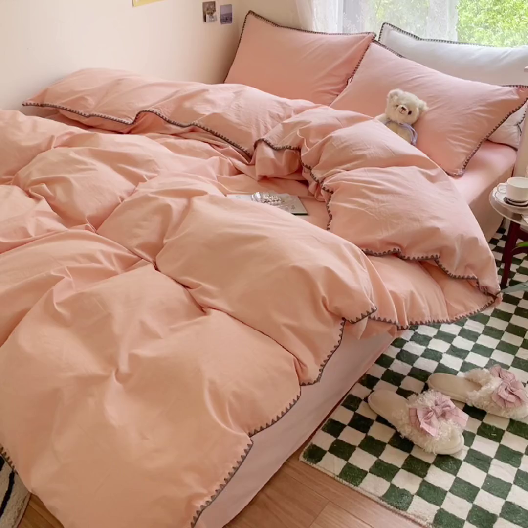 91家纺网 家纺一手货源 找家纺 瑞莱 2025新款全棉轻奢水洗棉贝壳绣四件套 粉玉