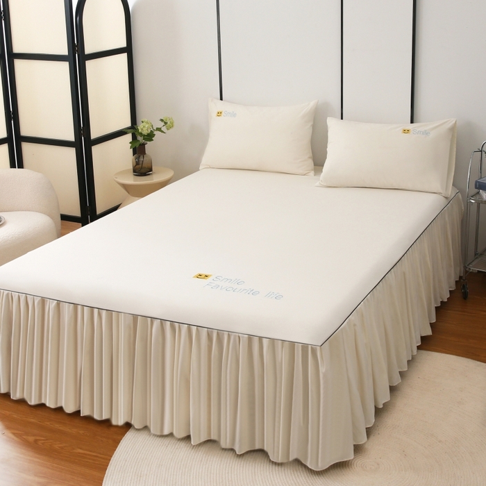 91家纺网 家纺一手货源 找家纺 笠裙家纺 2025新款110克微笑款单床裙轻奢款单床裙简约单床裙绣花单床裙 微笑-米白