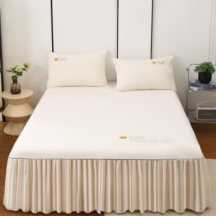 91家纺网 家纺一手货源 找家纺 笠裙家纺 2025新款110克微笑款单床裙轻奢款单床裙简约单床裙绣花单床裙 微笑-米白