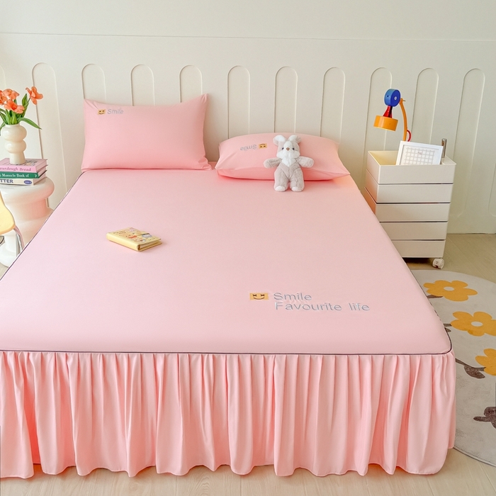 91家纺网 家纺一手货源 找家纺 笠裙家纺 2025新款110克微笑款单床裙轻奢款单床裙简约单床裙绣花单床裙 微笑-胭脂粉