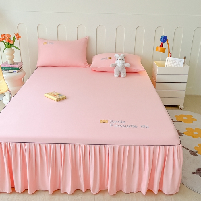 91家纺网 家纺一手货源 找家纺 笠裙家纺 2025新款110克微笑款单床裙轻奢款单床裙简约单床裙绣花单床裙 微笑-胭脂粉