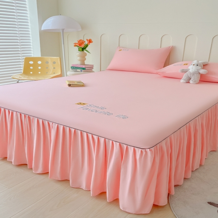 91家纺网 家纺一手货源 找家纺 笠裙家纺 2025新款110克微笑款单床裙轻奢款单床裙简约单床裙绣花单床裙 微笑-胭脂粉